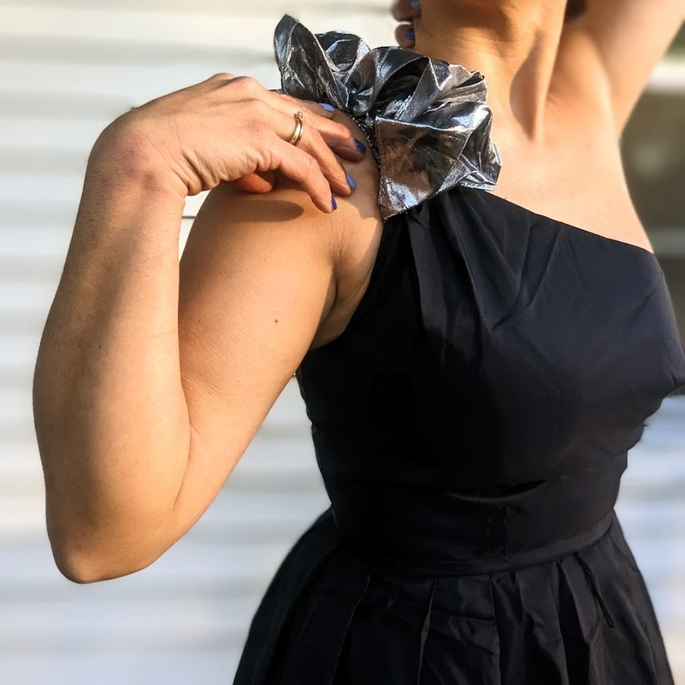 Vintage Asymmetrical Black Bubble Dress with Silver Shoulder Detail